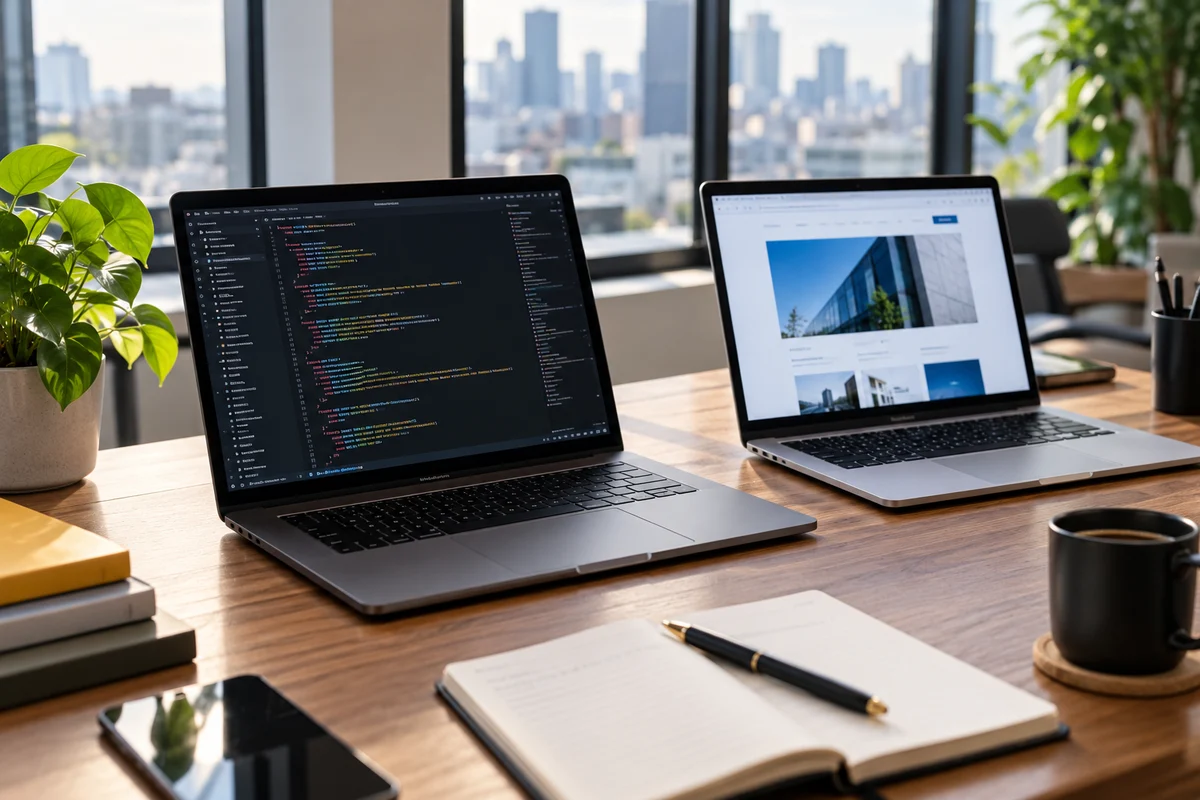 Ilustrasi proses pengembangan: kode aplikasi dan rancangan website di sebuah workspace.